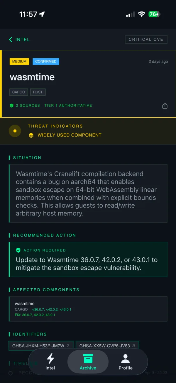0Day iOS app: alert detail with affected components and fix