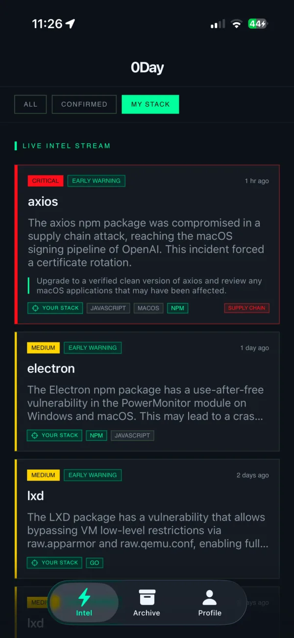0Day iOS app: live threat intel stream