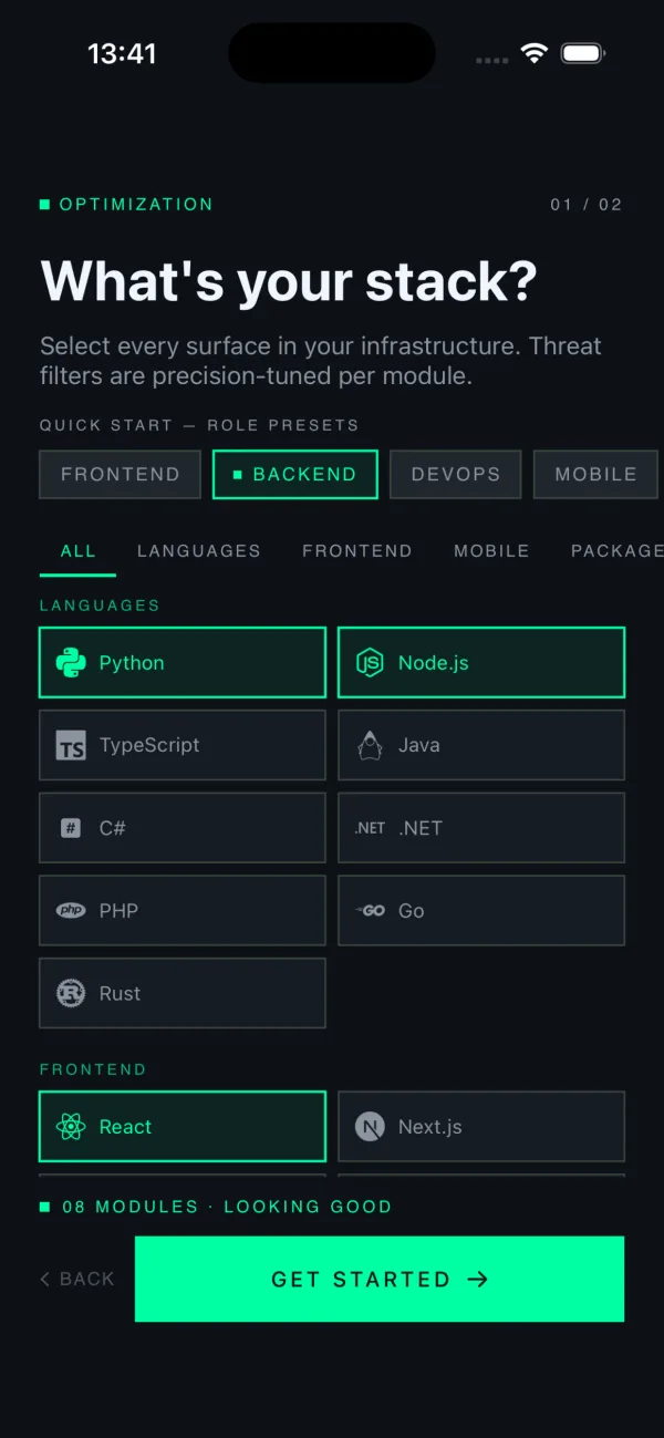0Day iOS app: pick your stack screen